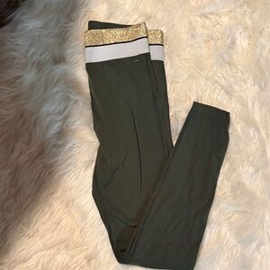 PINK Victoria's Secret Green Leggings with Gold and White Waistband